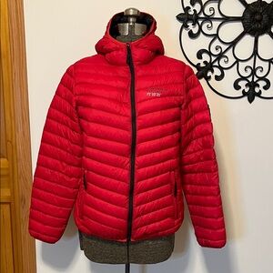 Scandinavian Explorer Down Puffer Jacket, hooded, red w/black details, size XL